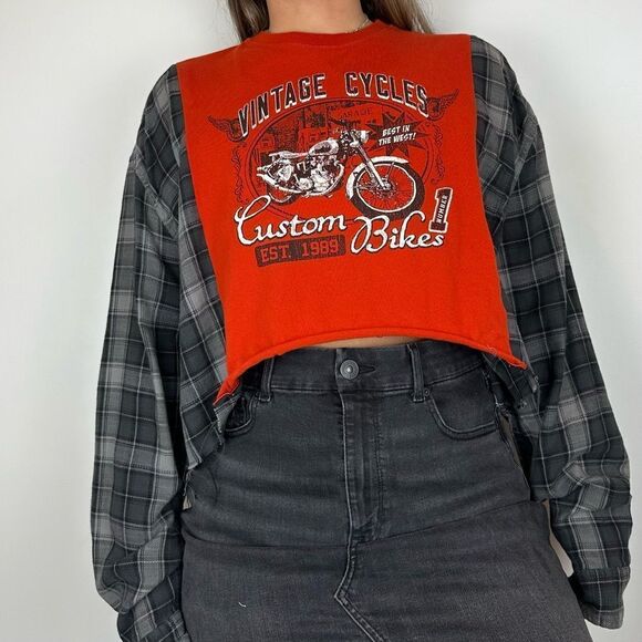 Reworked Upcycled Vintage Motorcycle Orange Long Sleeve Plaid Shirt Top - Picture 4 of 4